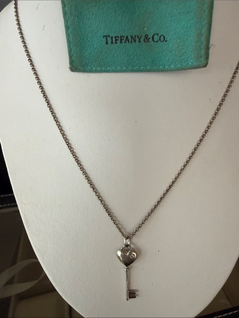 Tiffany & Co. Silver Heart Key Necklace with Blue Pouch Accent